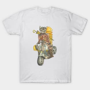 Steampunk Yellow Umbrella Cat Riding Motorcycle T-Shirt